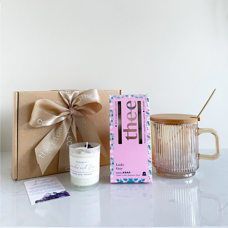 Lavender and Sage Crystal Candle with THEE Lucky Grey Nespresso® Compatible tea pods gift set